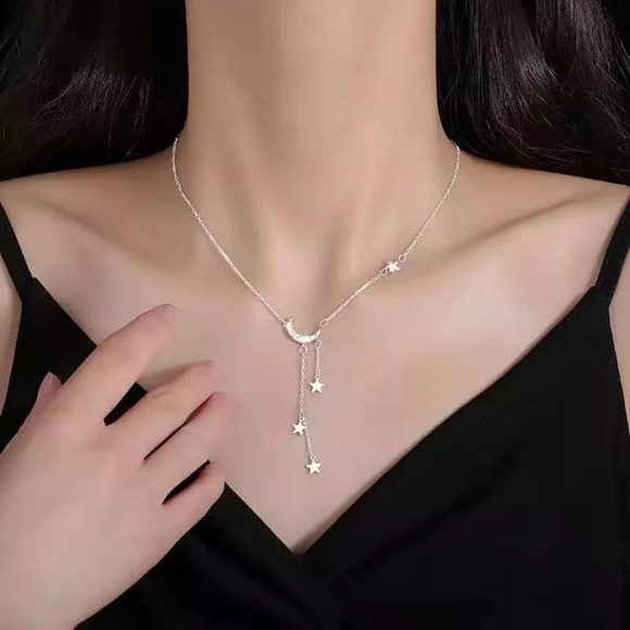 Gentle Silver Moon Stars Necklace - Picture 5 of 6